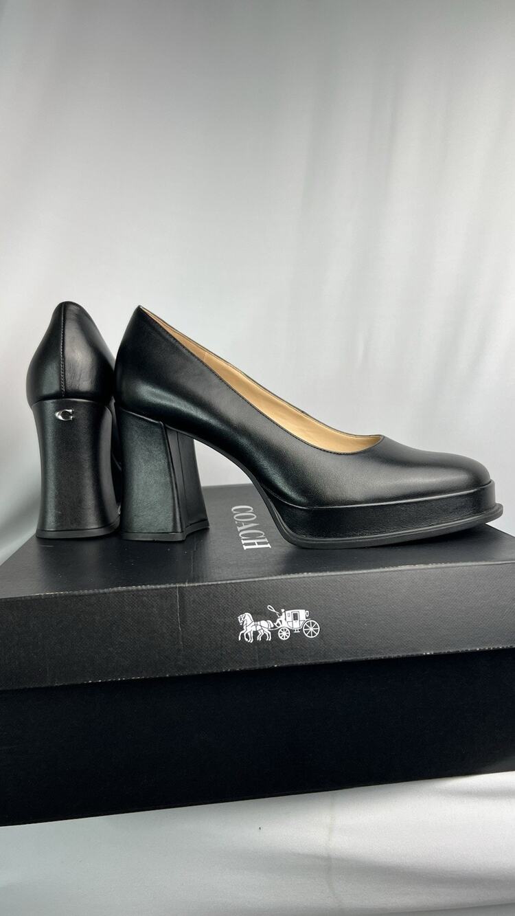 COACH Sculpted C Pumps Black Leather Platform Block Heel Size 10 CBP24 NIB
